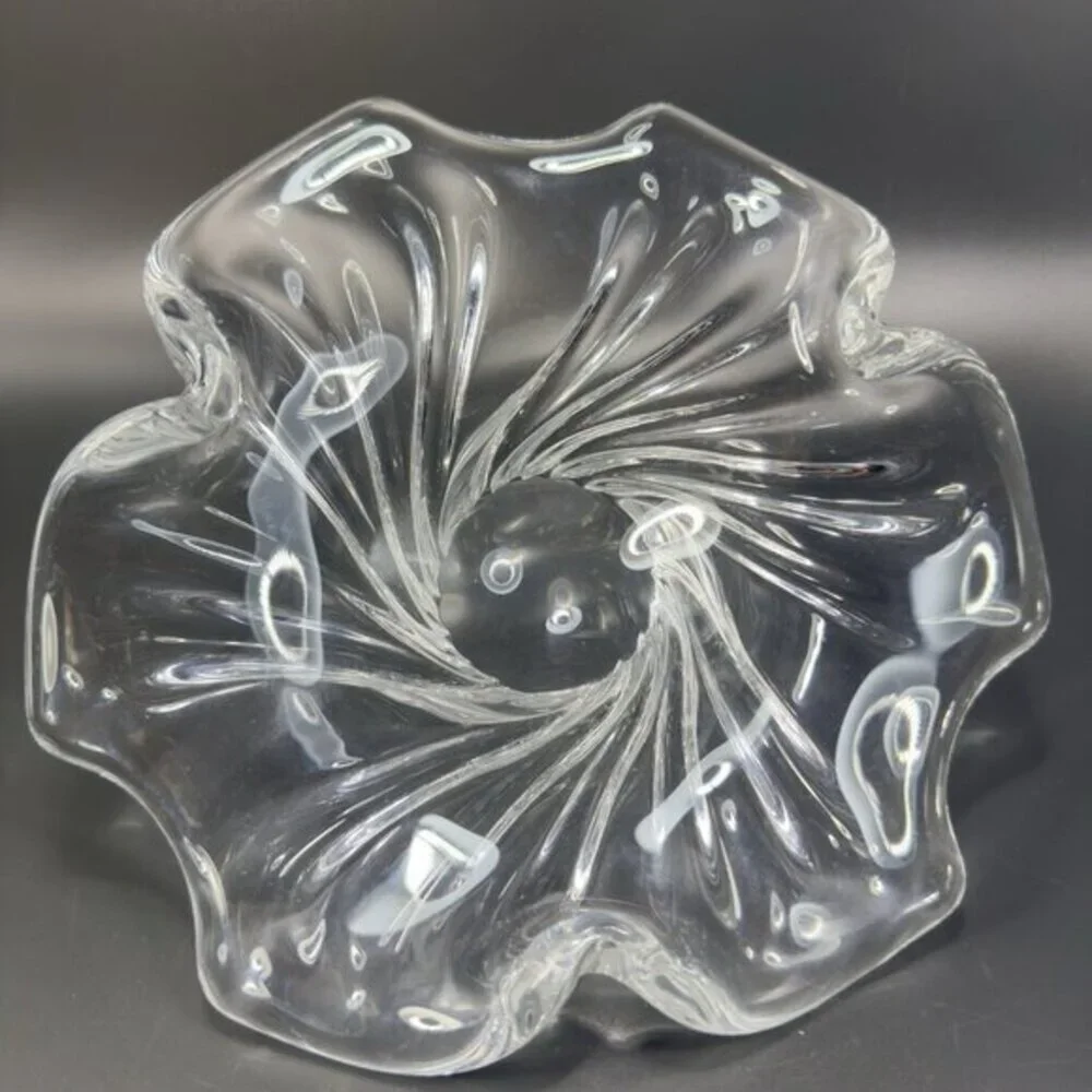 Vintage 1980s Venetian Clear Glass Dish Bowl Centerpiece Made In Italy Decor VTG